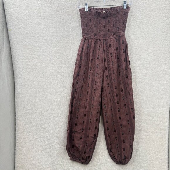 Anthropologie Balloon-Leg Strapless Jumpsuit Brown black size XS Smoke front - Picture 2 of 9